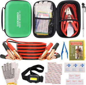 Car Roadside Emergency Kit with Battery Jumper Cables,Car Accessories for Men or Women,Automotive Safety Kit for Car,Vehicle, Truck or SUV,Gifts for Men or Him,Green