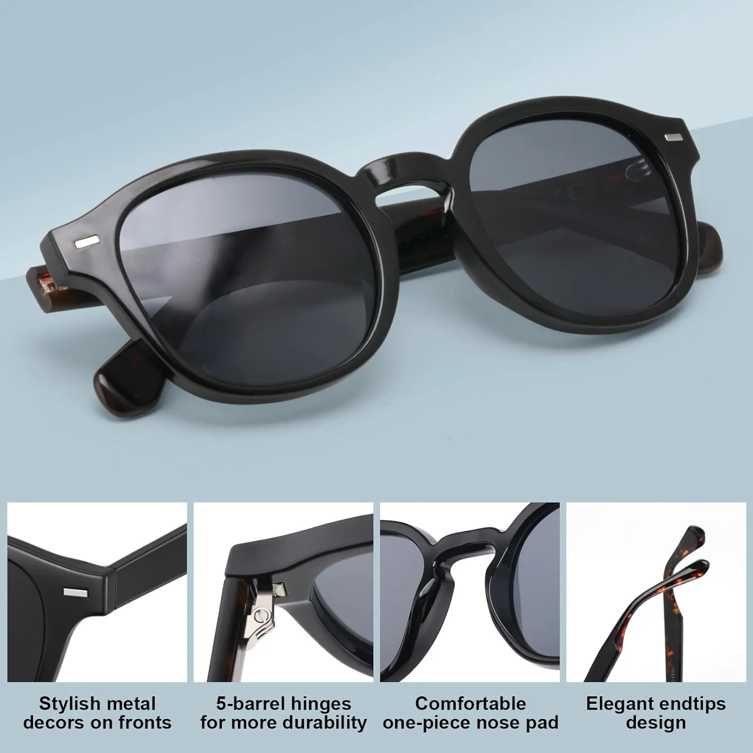 CARA Superb Vintage Polarized Sunglasses for Men Women, Durable Acetate Round Thick Frame TAC Sun Lens