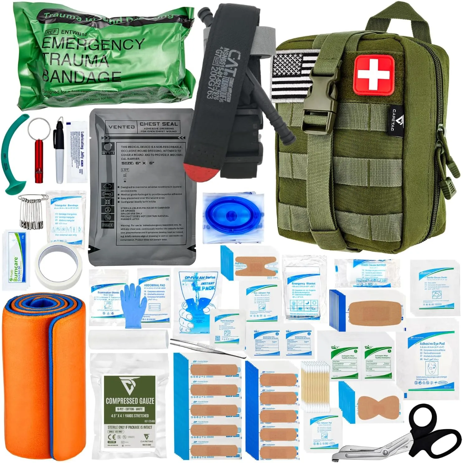 CareTac Advanced First Aid Trauma Kit for Camping & Travel – Emergency Tactical IFAK with C.A.T Tourniquet, Chest Seal, Israeli Bandage, Splint, CPR Mask – Bleed Control, Gunshot Wounds, Burns & Cuts
