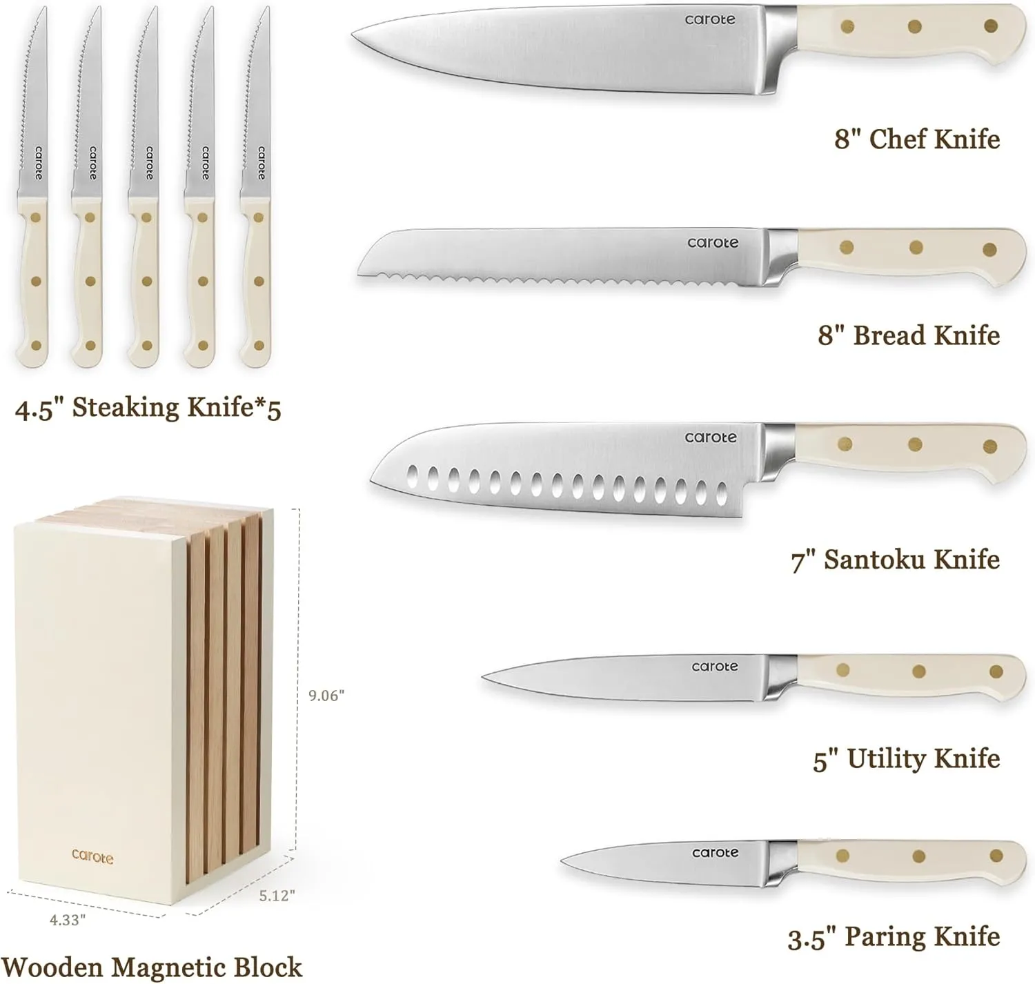 CAROTE 11 Pieces Knife Set with Block for kitchen, Stainless Steel Razor-Sharp Blade, Triple Riveted Ergonomic Handle, Wooden Magnetic Block, Essential Knife Block Set, Beige