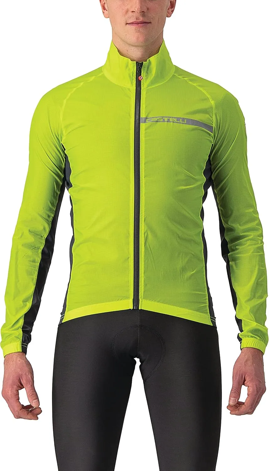 Castelli Men's Squadra Stretch Jacket, Windproof Zip Up Shell with High Collar for Road and Gravel Biking I Cycling - Electric Lime/Dark Gray - Small