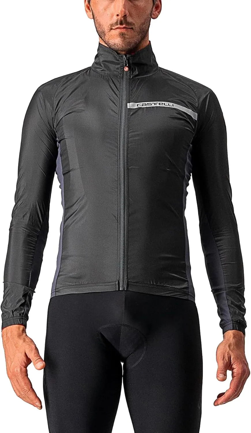 CASTELLI Men's Squadra Stretch Jacket, Windproof Zip Up Shell with High Collar for Road and Gravel Biking I Cycling - Light Black/Dark Gray - Medium