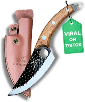 Cavemanstyle Ultimo Knife for Men – Multi-Purpose Chef & Meat Cutting Knife w/Leather Sheath – Stainless Steel Blade & Ergonomic Ancient Oak Handle - for Kitchen, BBQ, Camping & Outdoor Adventures