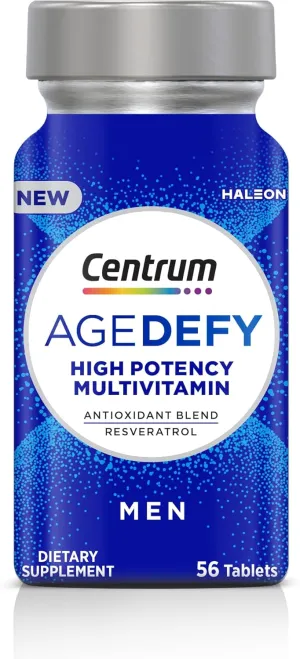 Centrum Age Defy for Men, All-in-1 High Potency Multivitamin   Healthy Aging Supplement, Multivitamin Blend with Resveratrol, and Niacin for NAD  Level Support, Aluminium Bottle, 56 Tablets