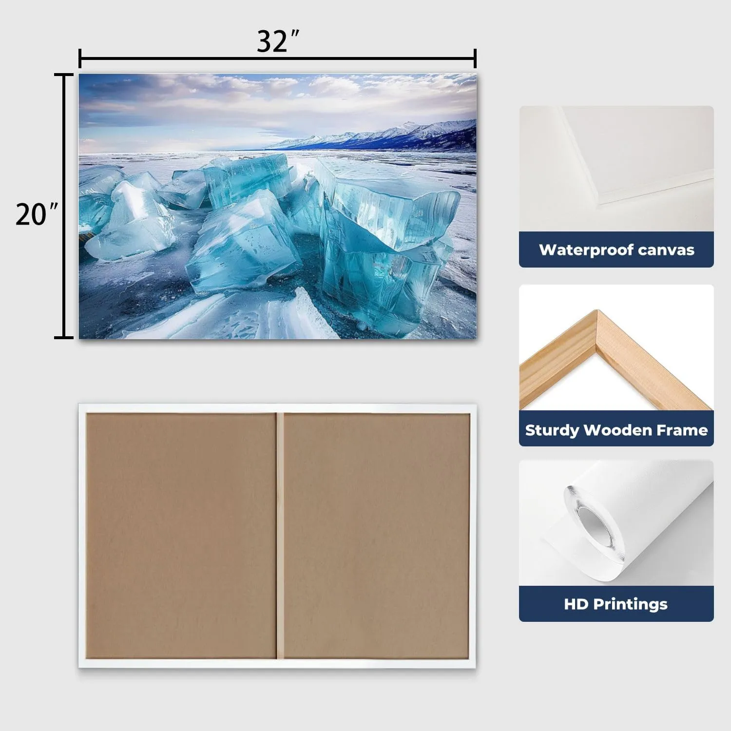 CHAUSSUREBAR Large Canvas Wall Art Huge cubes ice frozen Lake Baikal Canvas Art Prints Pictures Wall Decor Living Room Wall Paintings for Bedroom Bathroom 20" x 32"