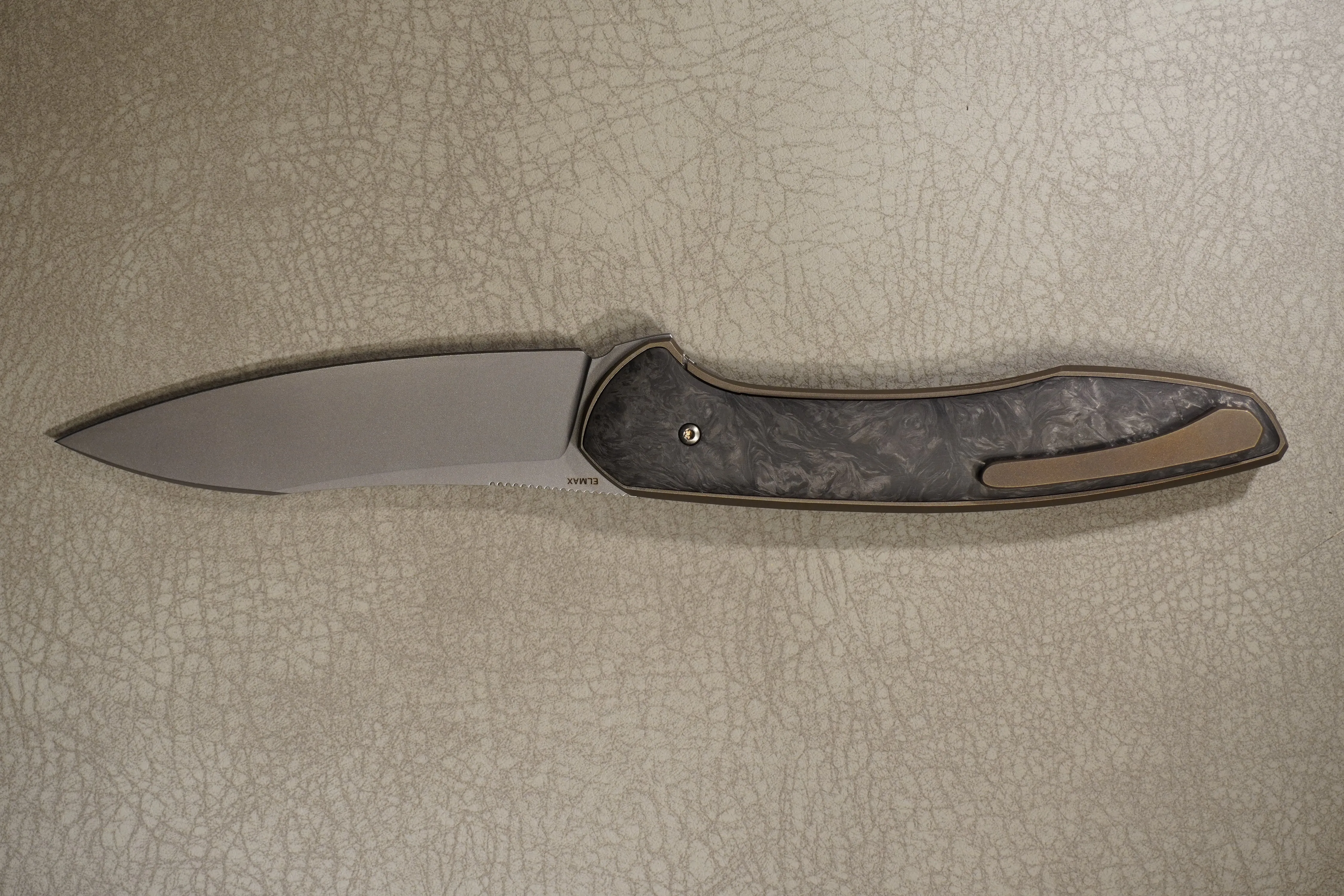 Cheburkov Knife Russian with Insert, Steel Elmax, Handle Black Marble Carbon, Bronze Anodized Titanium