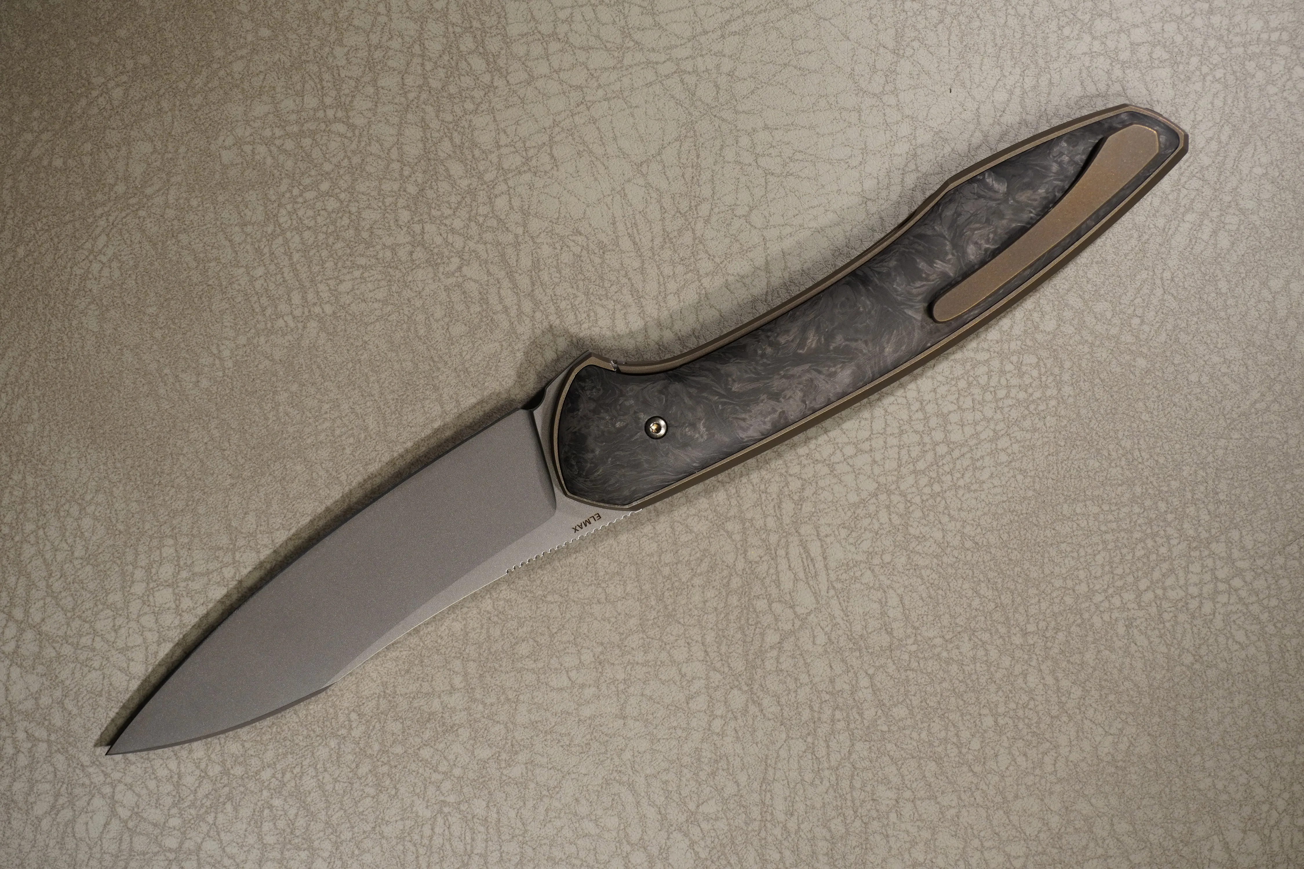 Cheburkov Knife Russian with Insert, Steel Elmax, Handle Black Marble Carbon, Bronze Anodized Titanium