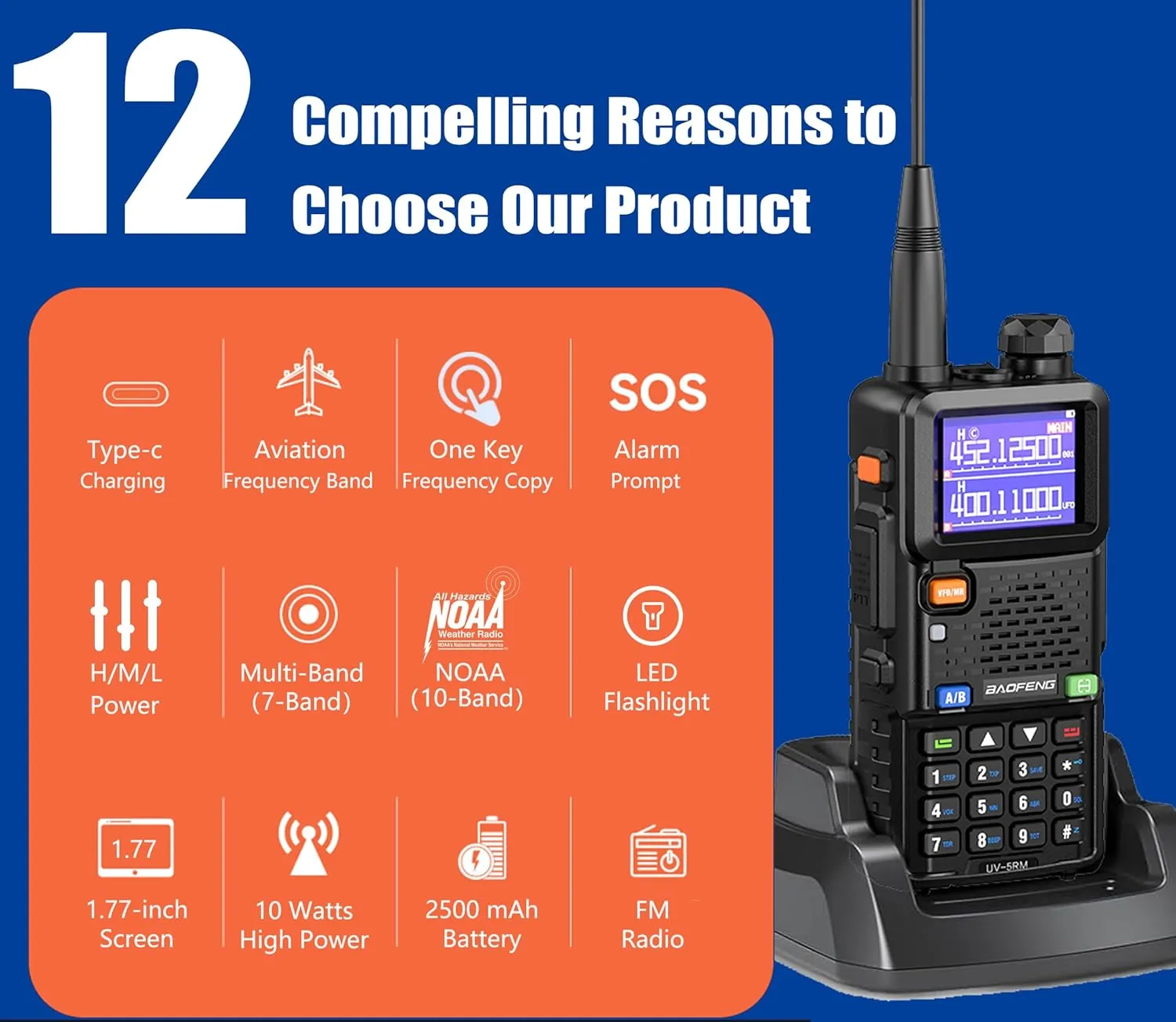 [Chirp Compatible] BAOFENG UV-5RM 10W Ham Radio Handheld Multi Band HAM Radios Long Range Walkie Talkies Frequency Copy Emergency Radio NOAA Two Way Radio for Adults USB-C (5RM x 771 Gain Antenna)