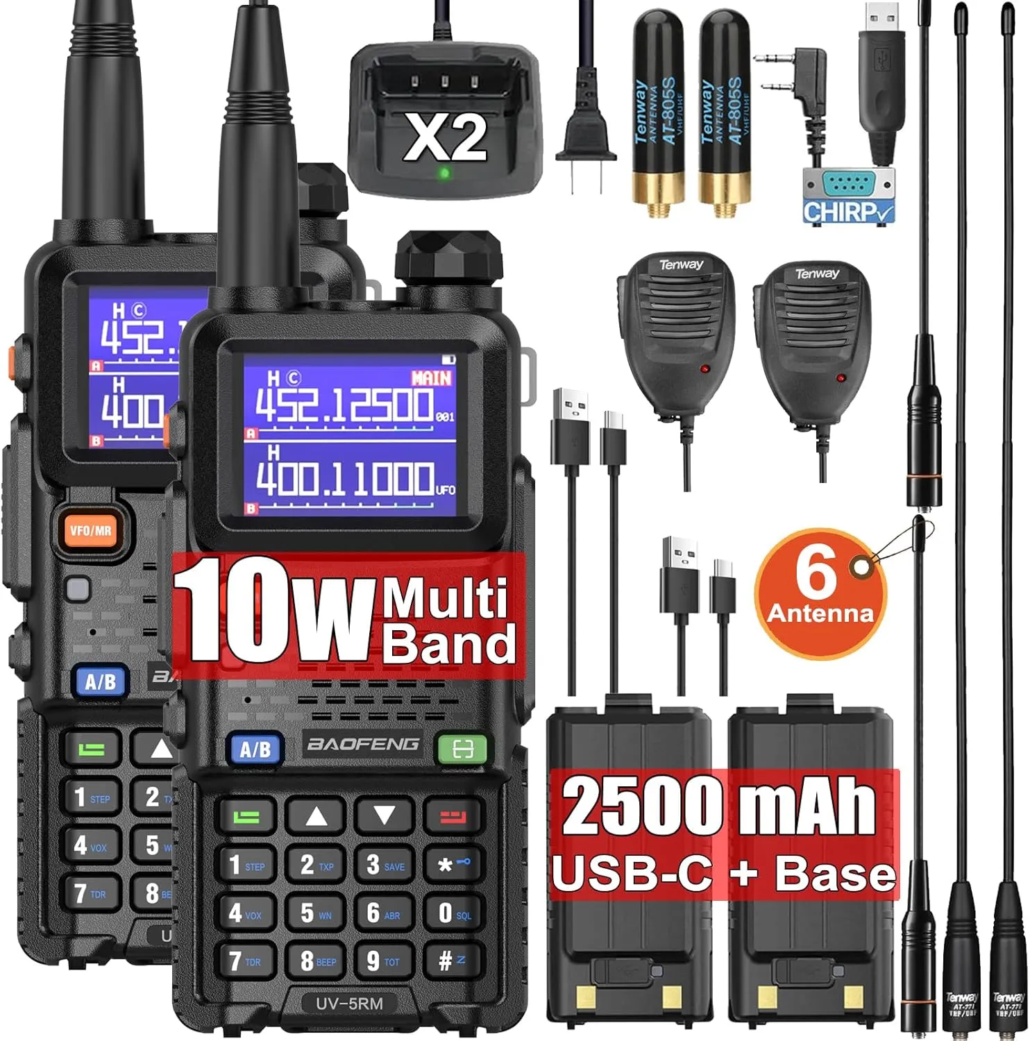 [Chirp Compatible] BAOFENG UV-5RM 10W Ham Radio Handheld Multi Band HAM Radios Long Range Walkie Talkies Frequency Copy Emergency Radio NOAA Two Way Radio for Adults USB-C (5RM x 771 Gain Antenna)