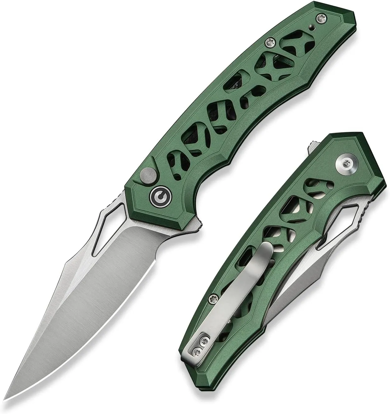 CIVIVI Anaaki Folding Pocket Knife, 2.98" Nitro-V Blade Aluminum Handle with Reversible Clip, Lightweight Skeletonized EDC Knife for Camping Hiking C24039-3, Green