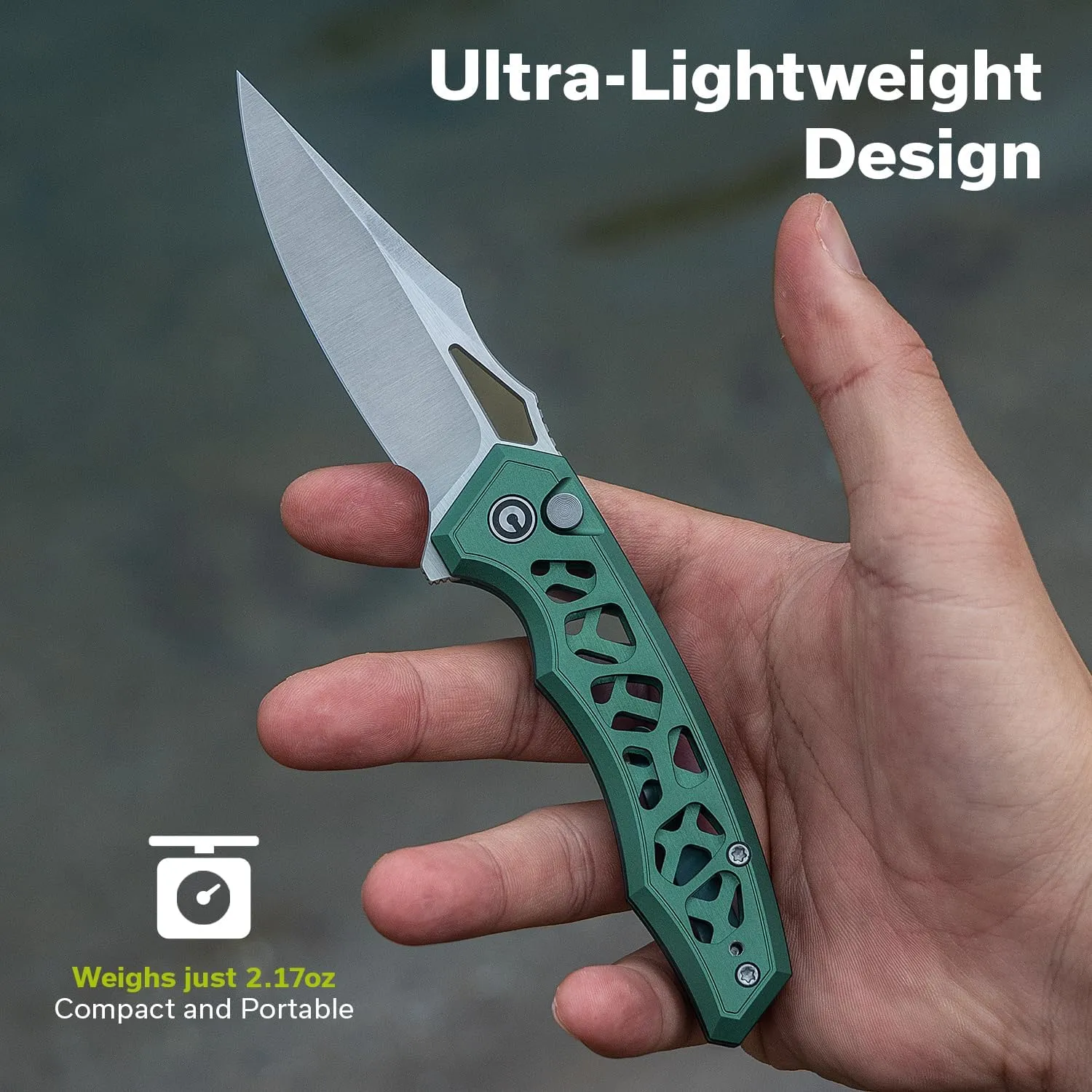 CIVIVI Anaaki Folding Pocket Knife, 2.98" Nitro-V Blade Aluminum Handle with Reversible Clip, Lightweight Skeletonized EDC Knife for Camping Hiking C24039-3, Green