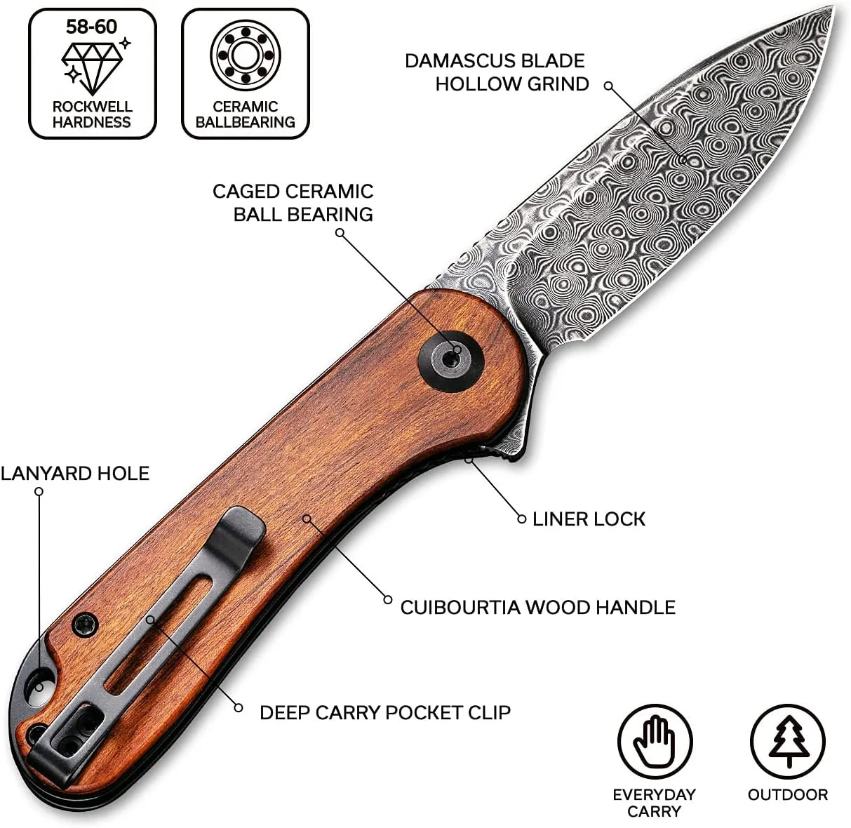 CIVIVI Elementum Folding Pocket Knife for Men, 2.96" Damascus Blade Cuibourtia Wood Handle, Low Profile Pocket Clip for EDC C907DS-2