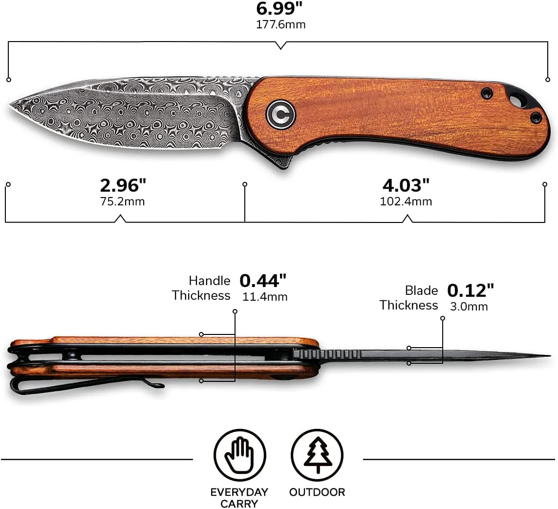 CIVIVI Elementum Folding Pocket Knife for Men, 2.96" Damascus Blade Cuibourtia Wood Handle, Low Profile Pocket Clip for EDC C907DS-2