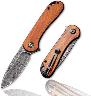 CIVIVI Elementum Folding Pocket Knife for Men, 2.96" Damascus Blade Cuibourtia Wood Handle, Low Profile Pocket Clip for EDC C907DS-2