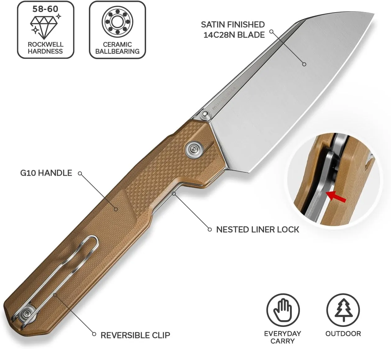 CIVIVI Hid Folding Pocket Knife, 4.14" Sharp 14C28N Blade G10 Handle Nested Liner Lock Kitchen Knife with Thumb Stud Opener, Ideal for Outdoor Use Camping Hiking and EDC C23008-3, Brown