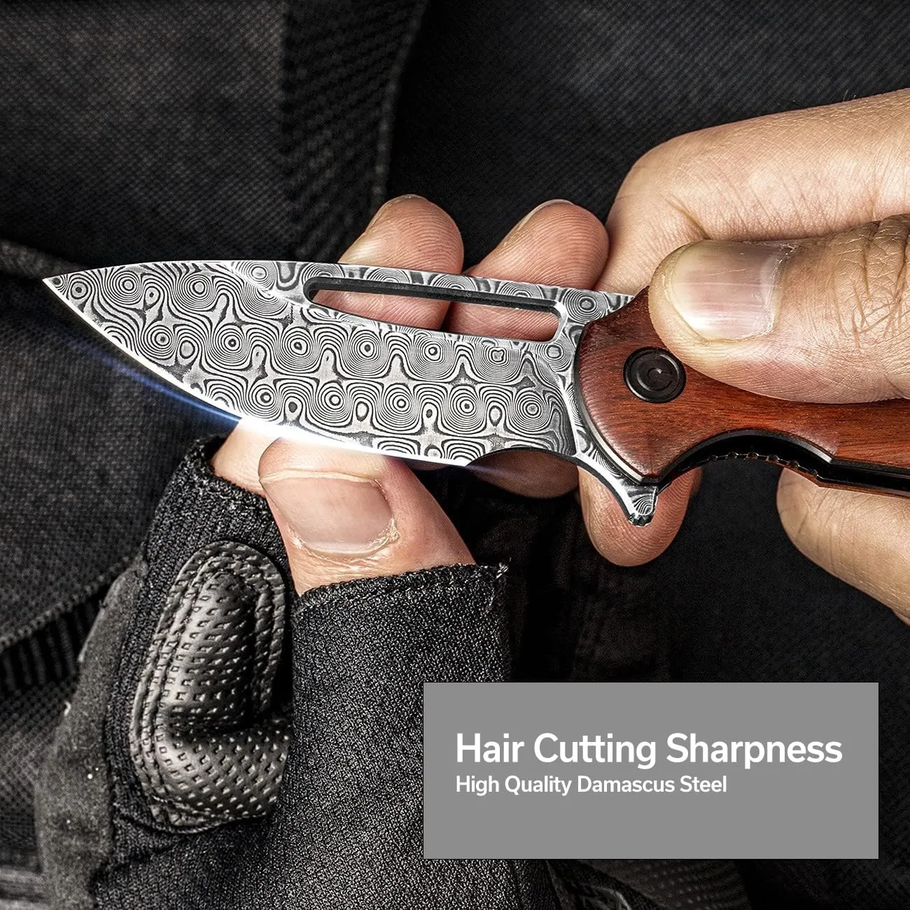 CIVIVI Odium Small Damascus Folding Knife –2.65" Flipper Pocket knife for EDC Camping, Cuibourtia Wood Handle, Ball Bearings Pivot, Reversible Deep Carry Clip C2010DS-1