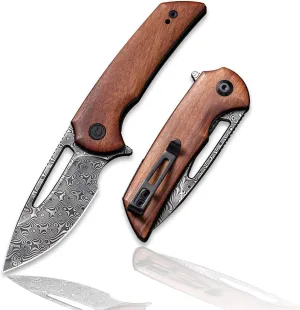 CIVIVI Odium Small Damascus Folding Knife –2.65" Flipper Pocket knife for EDC Camping, Cuibourtia Wood Handle, Ball Bearings Pivot, Reversible Deep Carry Clip C2010DS-1