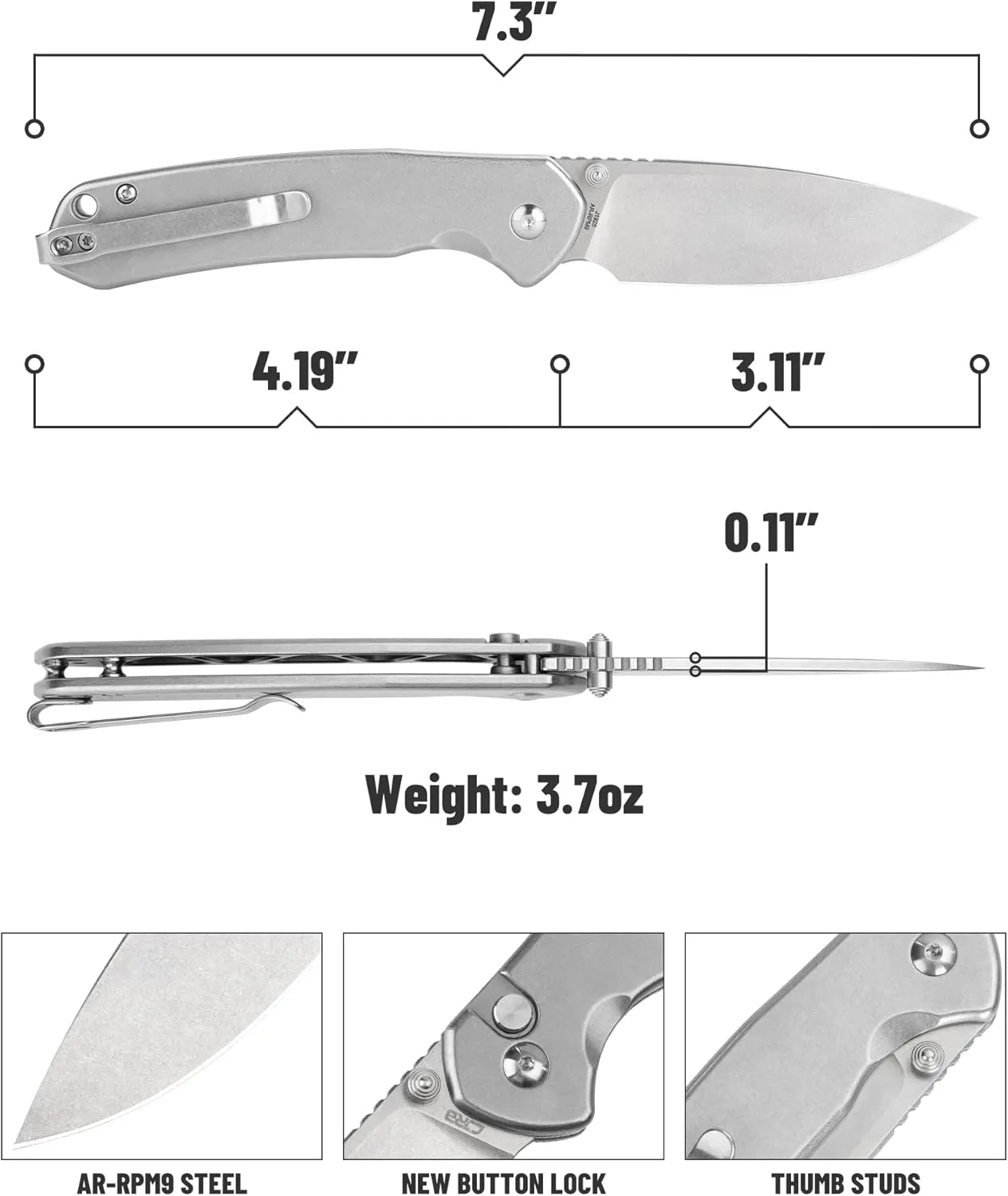CJRB Folding Knife Pyrite (J1925) AR-RPM9 Balde and Stainless Steel Handle Button Lock EDC Pocket Knife with Clip Silver