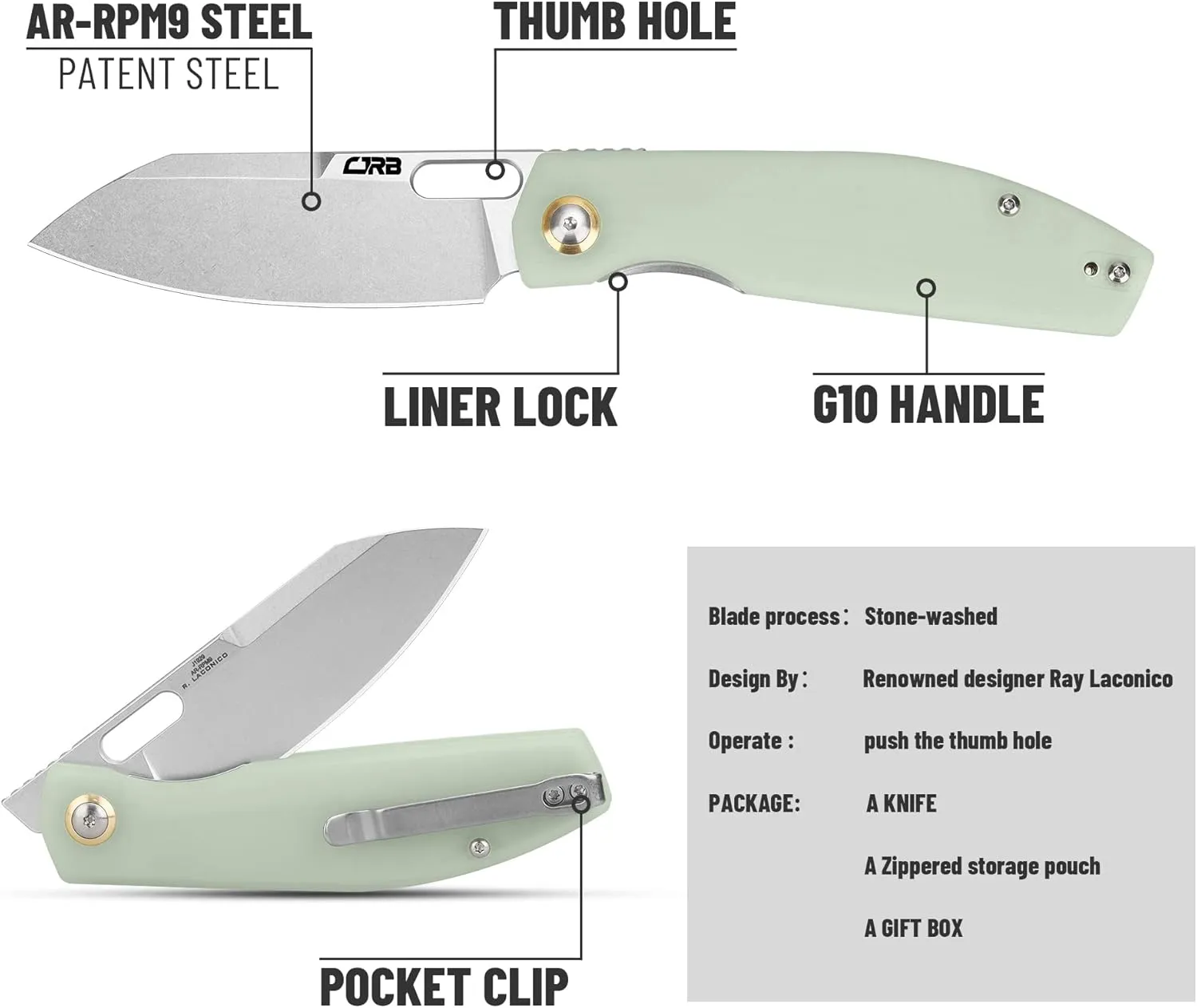 CJRB Pocket EDC Knife - Ekko(J1929) Small Folding Knife AR-RPM9 Steel Blade and Natural Green G10 Outdoor for Men Women for Gifts