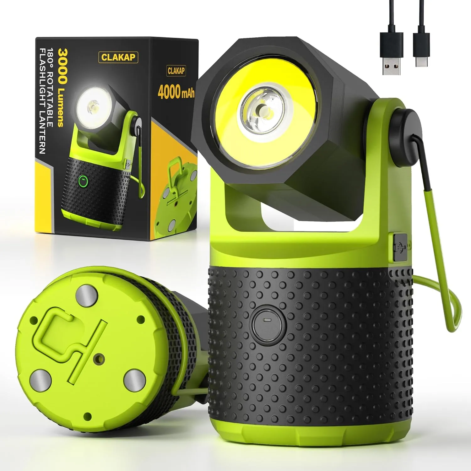CLAKAP LED Camping Lantern, 3000Lumens Rechargeable 180°Rotatable Flashlight Lantern, Portable Camping Light with 4000mAh Phone Charger, IPX4 Waterproof Emergency Light for Power Outages Hurricane