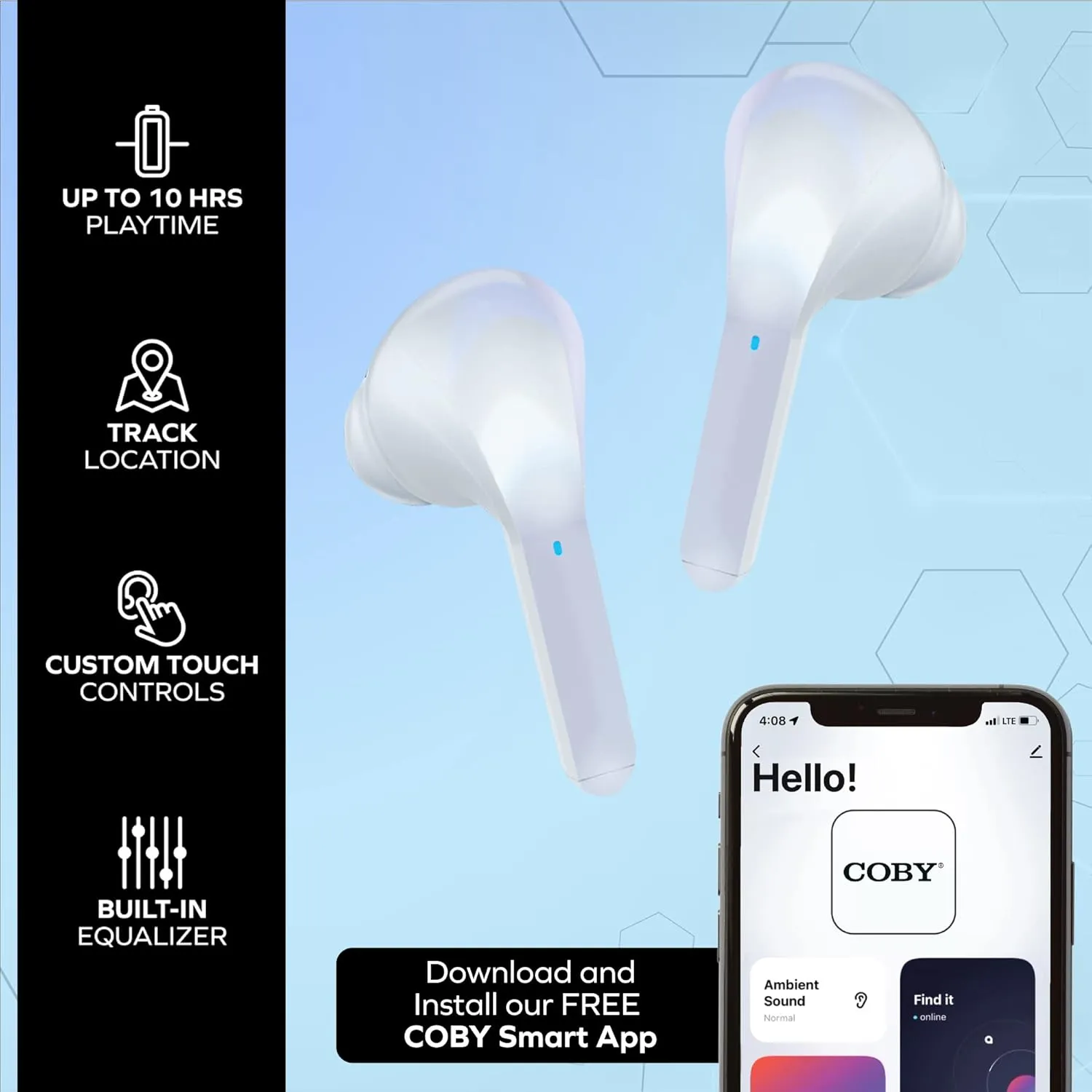 Coby Noise-Canceling Earbuds w/Charging Case | Noise Canceling, Transparency Modes, Smart Tracking, Bluetooth Auto Pairing | 10 Hour Playtime, USB-C Rechargeable (White)