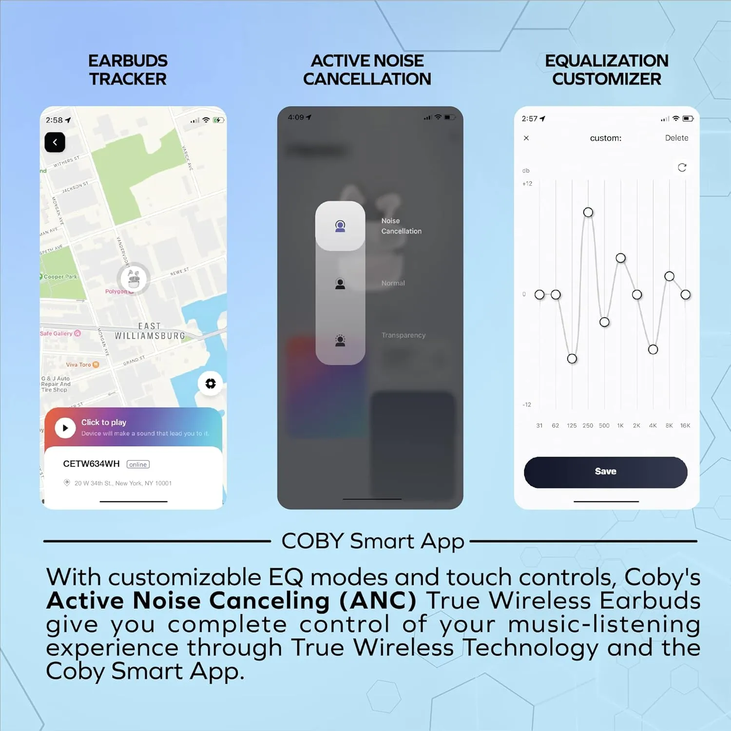 Coby Noise-Canceling Earbuds w/Charging Case | Noise Canceling, Transparency Modes, Smart Tracking, Bluetooth Auto Pairing | 10 Hour Playtime, USB-C Rechargeable (White)