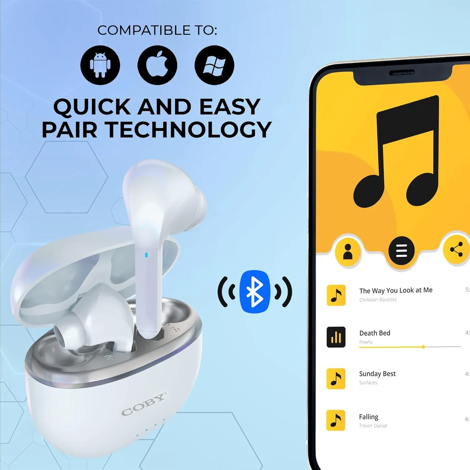 Coby Noise-Canceling Earbuds w/Charging Case | Noise Canceling, Transparency Modes, Smart Tracking, Bluetooth Auto Pairing | 10 Hour Playtime, USB-C Rechargeable (White)