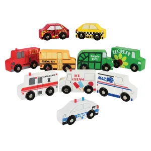 Constructive Playthings Set of 10 Wooden Community Vehicles, Freewheeling Wooden Cars and Trucks, Imaginative Play for Ages 3 Years and Up