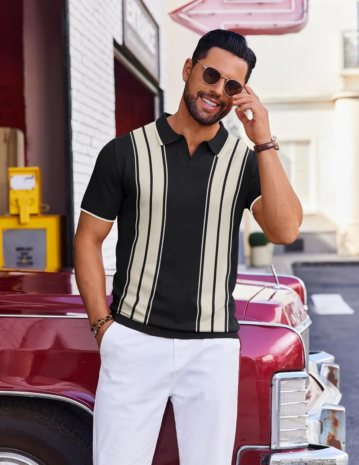 COOFANDY Mens Polo Shirts Short Sleeve Casual Knit Polo Shirt Vintage Golf T Shirts Old Money Tops
