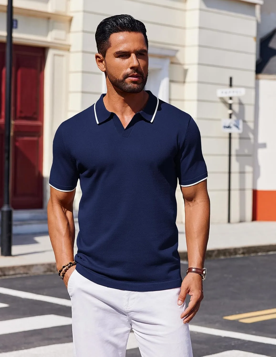 COOFANDY Mens Polo Shirts Short Sleeve Casual Knit Polo Shirt Vintage Golf T Shirts Old Money Tops