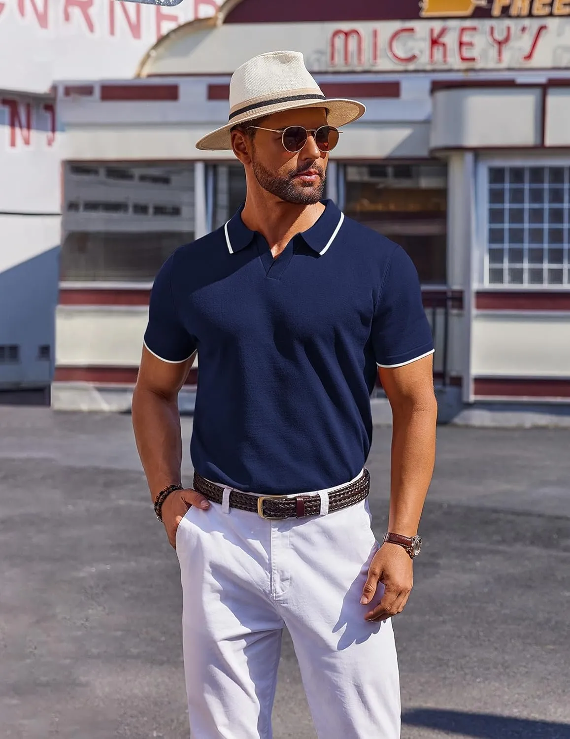 COOFANDY Mens Polo Shirts Short Sleeve Casual Knit Polo Shirt Vintage Golf T Shirts Old Money Tops