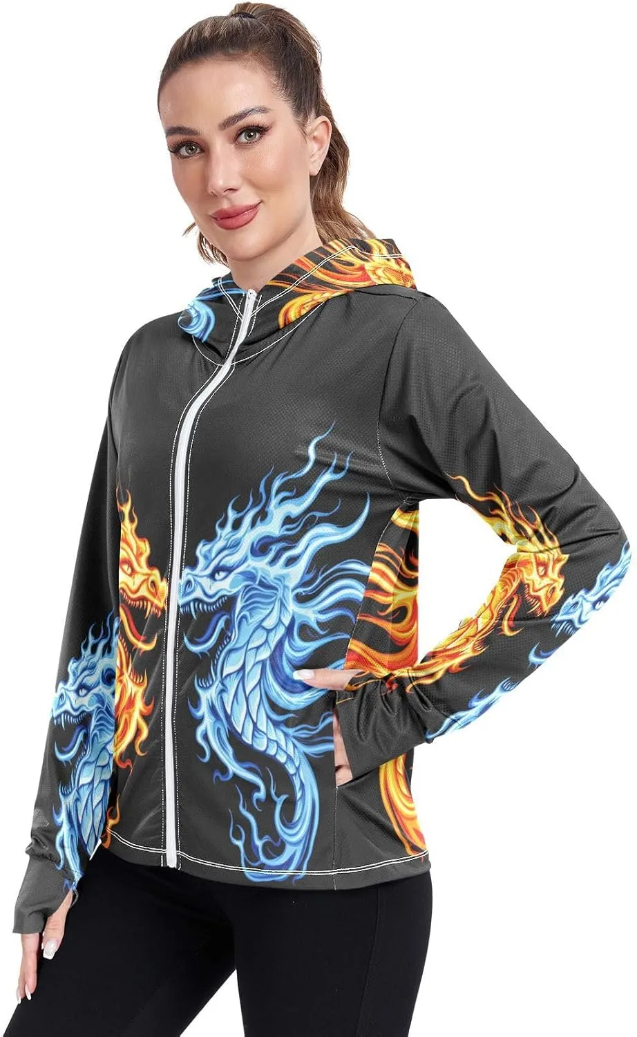 Cool Fire Ice Dragons Black Sun Shirt Women Uv Protection, Upf 50  Zip up Long Sleeve Hiking Shirt