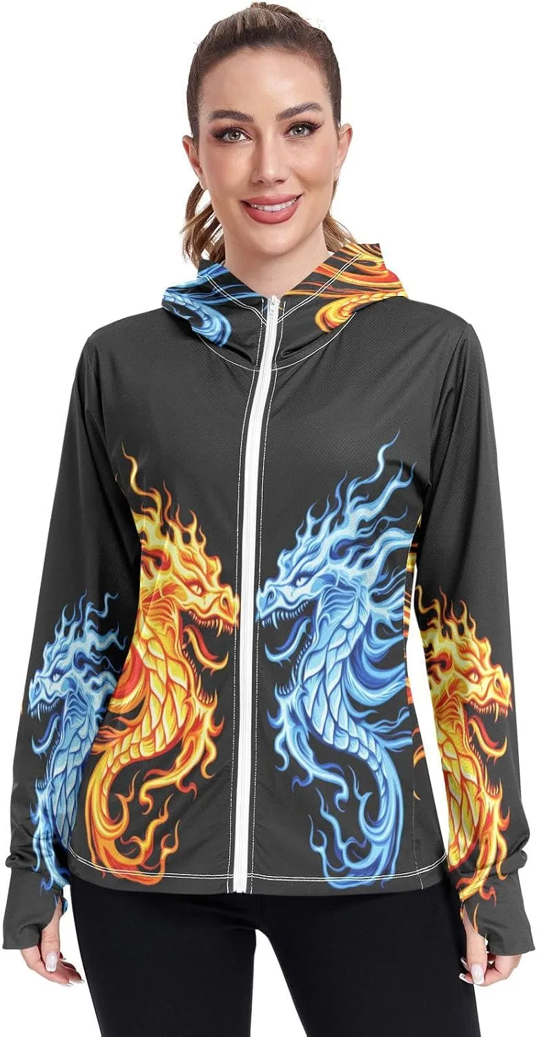 Cool Fire Ice Dragons Black Sun Shirt Women Uv Protection, Upf 50  Zip up Long Sleeve Hiking Shirt