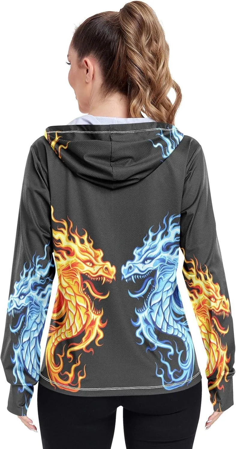 Cool Fire Ice Dragons Black Sun Shirt Women Uv Protection, Upf 50  Zip up Long Sleeve Hiking Shirt