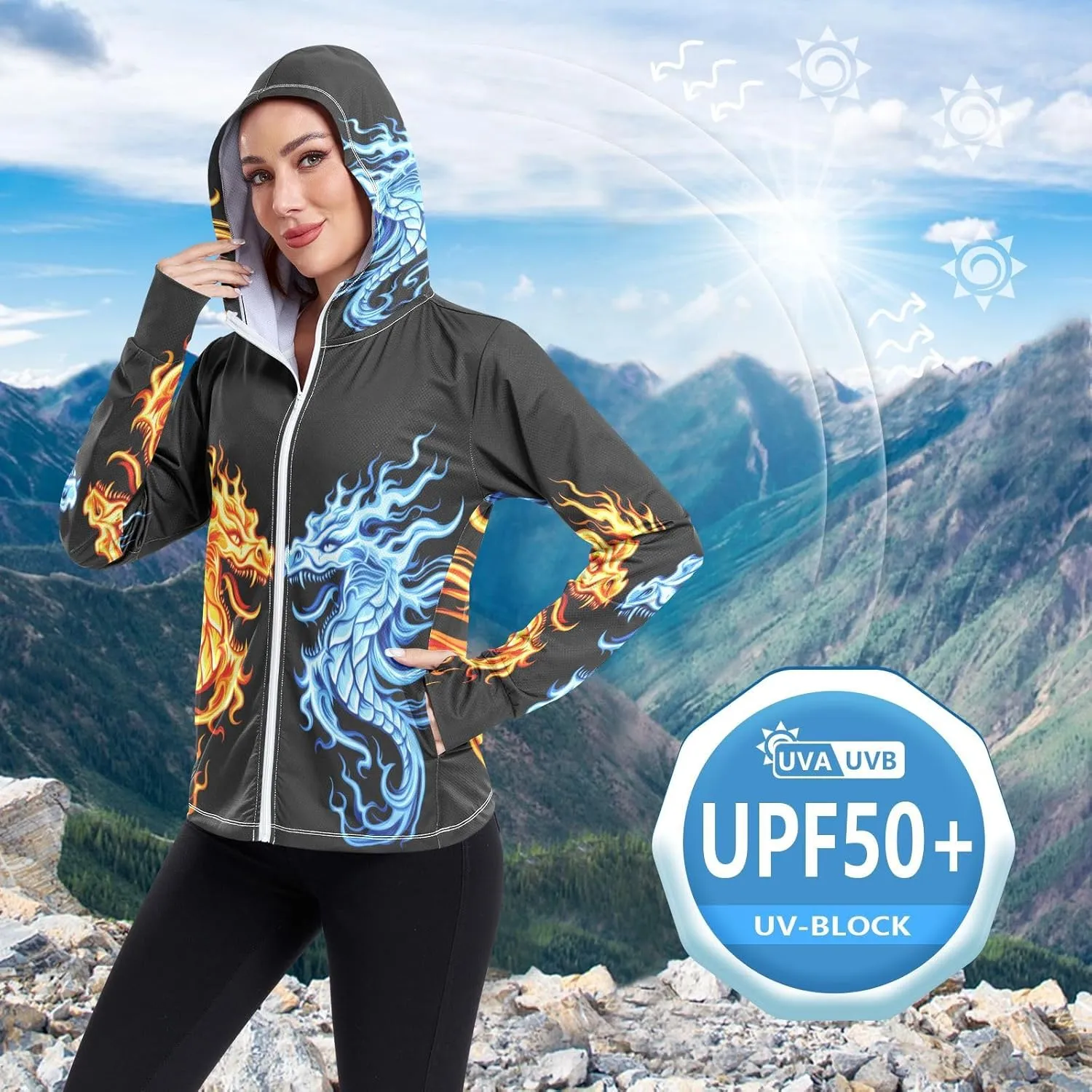 Cool Fire Ice Dragons Black Sun Shirt Women Uv Protection, Upf 50  Zip up Long Sleeve Hiking Shirt