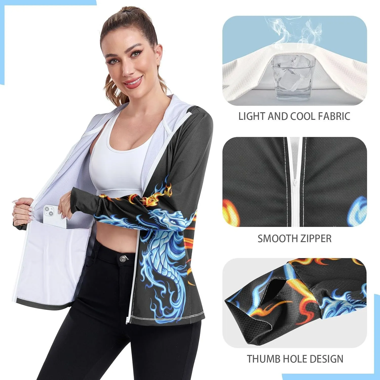 Cool Fire Ice Dragons Black Sun Shirt Women Uv Protection, Upf 50  Zip up Long Sleeve Hiking Shirt