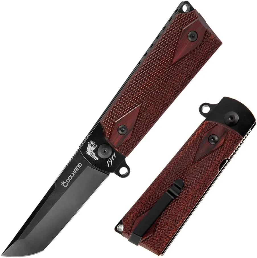 Cool Hand Heavy Duty EDC Folding Knife, Ball Bearing Survival Hunting Knives, 3.6" Tanto Stone Wash Finish D2 Steel Blade, 4.9'' Replaceable 1911 Wood Grip Handle, Liner Lock Mechanism