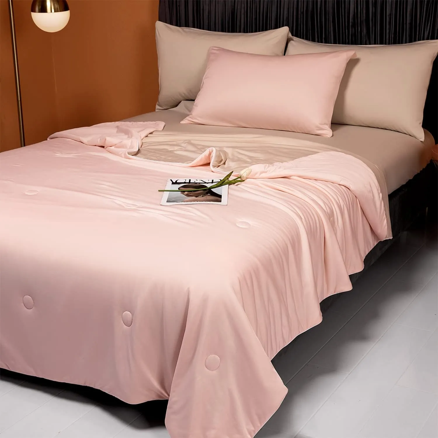 Cooling Blankets for Hot Sleepers - Cool Like Ice Cream Lightweight Blanket for Summer with Double Side Cold, Cooling Comforter, Quilt, Fabric for Bed (Throw Size 47" x 59" Pink & Beige)