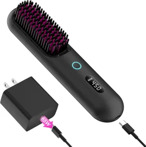 Cordless Hair Straightener Brush – Portable Ionic Hot Comb with 65W Fast Charger, Mini Travel Hair Straightening Brush for Women, Lightweight for On-The-Go Styling (Black)