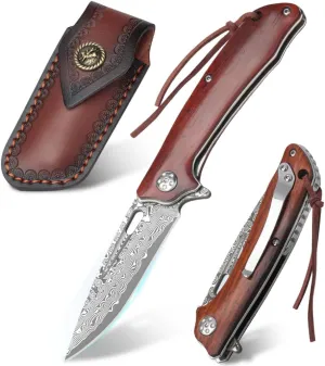 Cottonbell Damascus Pocket Knife with Clip Unique Rosewood Handle Cool Folding Knives Survival Knife for Gift for Men Women