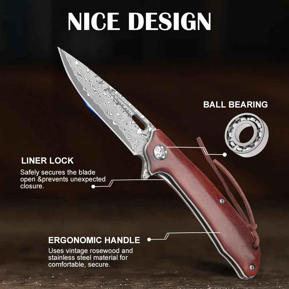 Cottonbell Damascus Pocket Knife with Clip Unique Rosewood Handle Cool Folding Knives Survival Knife for Gift for Men Women