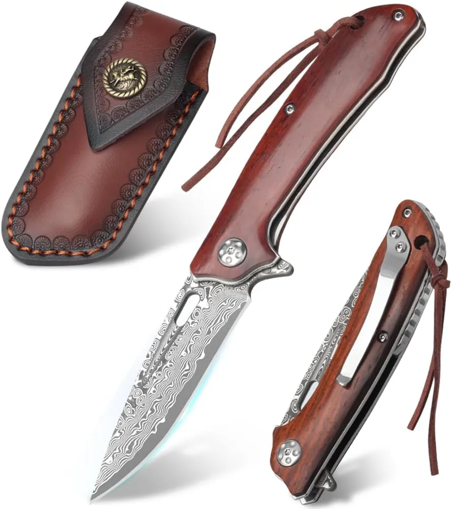 Cottonbell Damascus Pocket Knife with Clip Unique Rosewood Handle Cool Folding Knives Survival Knife for Gift for Men Women