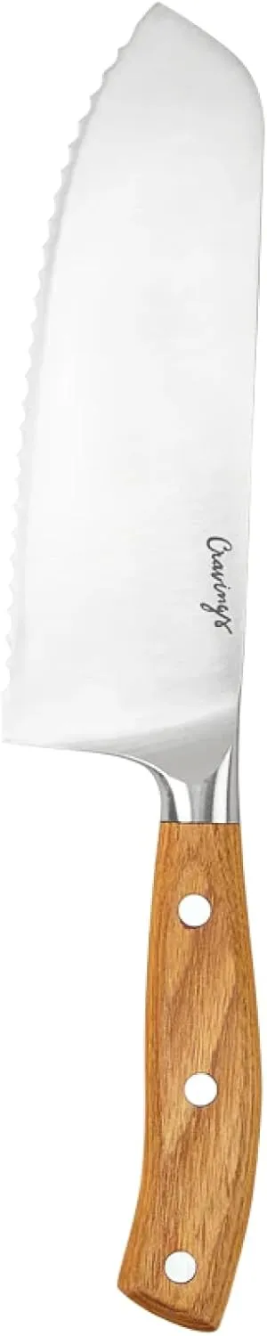 Cravings Go-To Santoku Knife – 7-Inch Serrated Stainless Steel Blade with Organic Ashwood Handle, Ideal for Slicing, Dicing, and Carving – A Must-Have Kitchen Essential by Chrissy Teigen