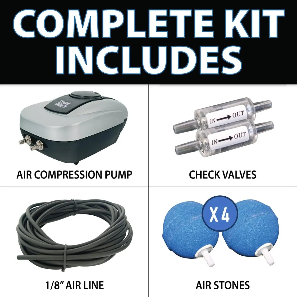 CrystalClear PondAir 4, Complete Aeration Kit, Water Garden Oxygenation Bubbler System Adds Oxygen to Koi & Fish Ponds, Outdoor Aerator Compressor Pump, Tubing, Rock Cover & 4 Submersible Air Stones