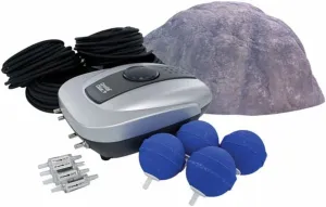 CrystalClear PondAir 4, Complete Aeration Kit, Water Garden Oxygenation Bubbler System Adds Oxygen to Koi & Fish Ponds, Outdoor Aerator Compressor Pump, Tubing, Rock Cover & 4 Submersible Air Stones