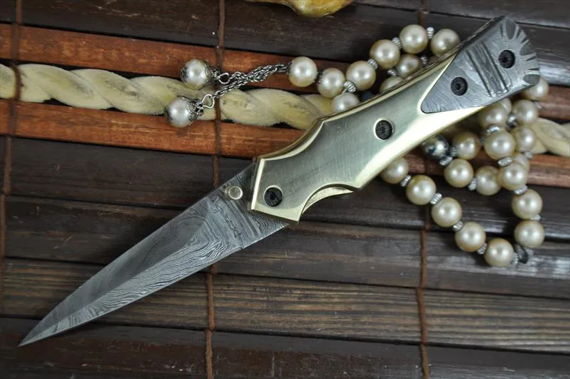 Custom Handmade Damascus Pocket Knife Damascus & Brass Handle