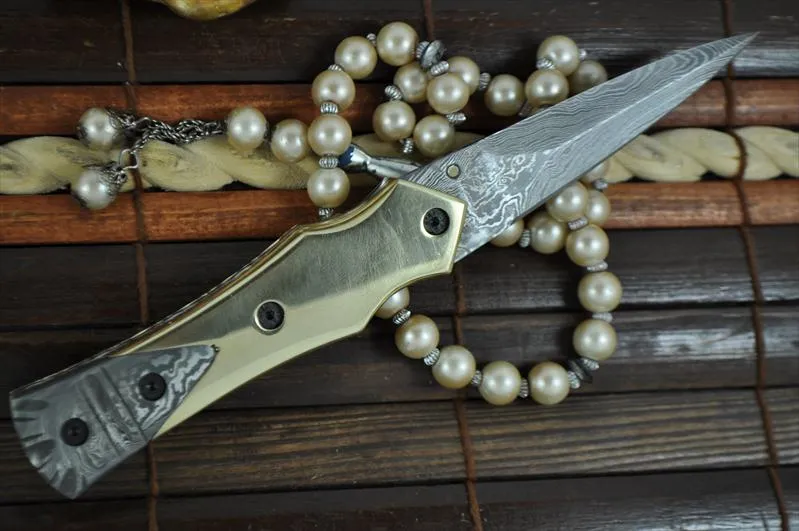 Custom Handmade Damascus Pocket Knife Damascus & Brass Handle