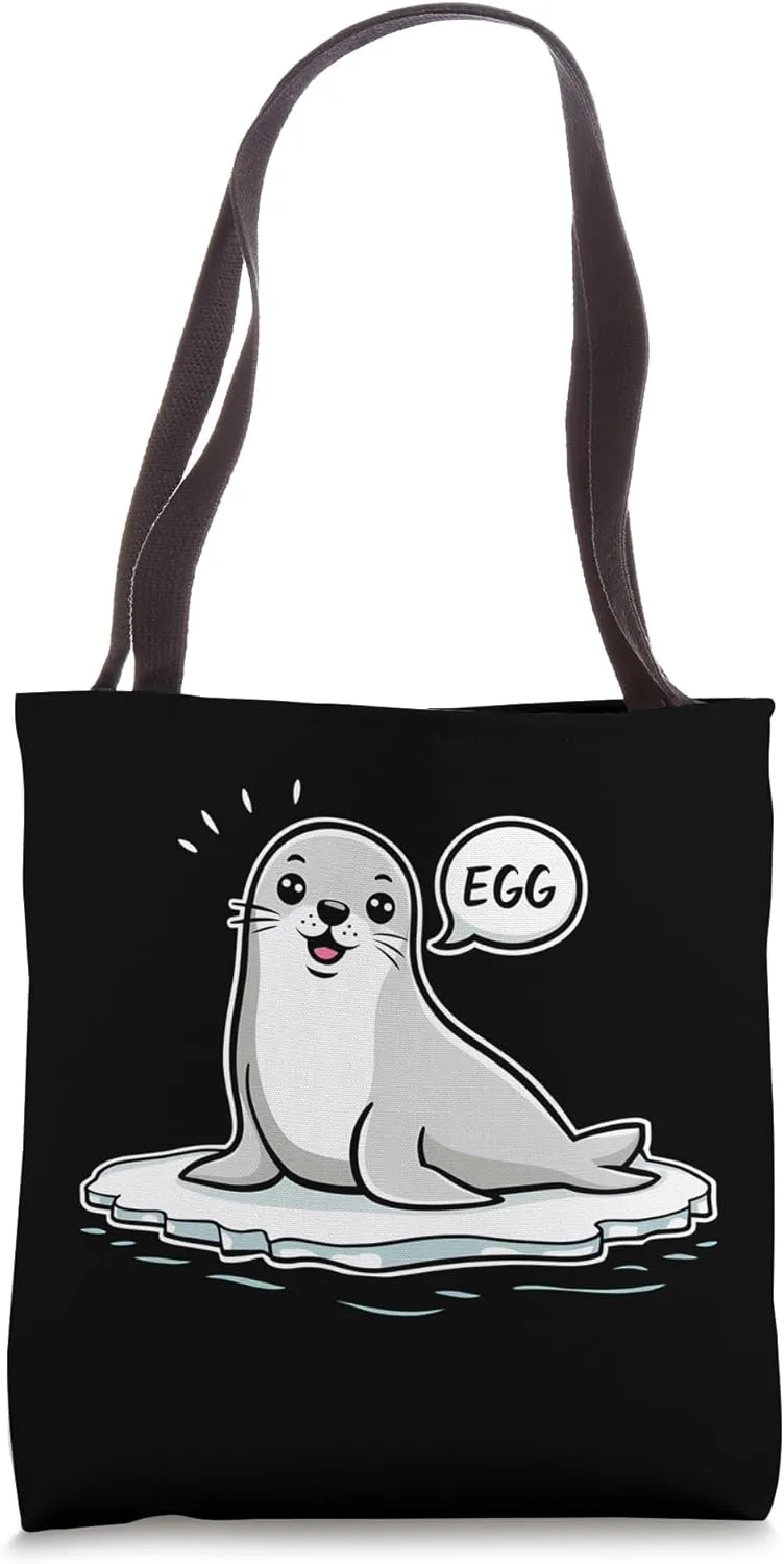 Cute baby Seal on Ice Floe saying "Egg" funny Meme Tote Bag