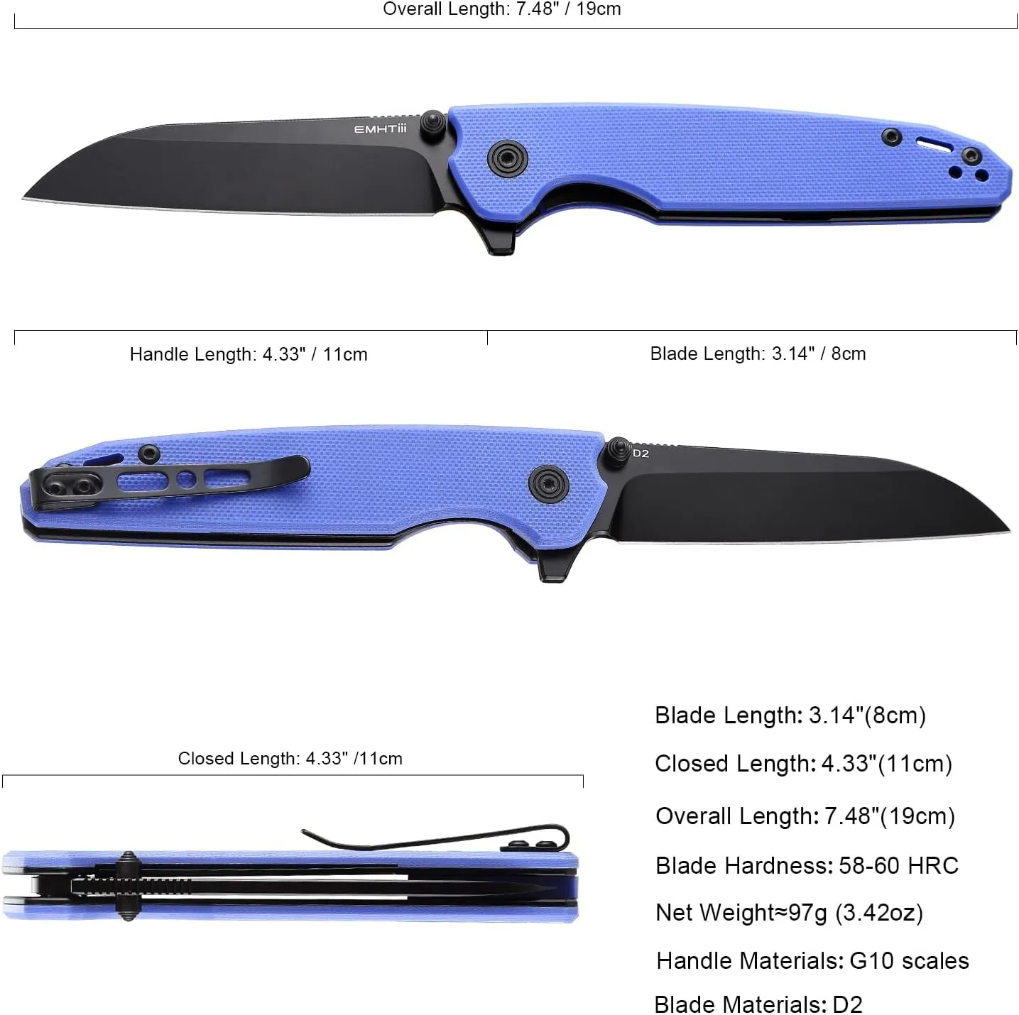 D2 Steel Folding Pocket Knife with Reversible Clip: 3.14" Black Sheepsfoot Blade, Liner Lock, G10 Handle, Small EDC Flipper Knives Camping Tool for Man & Women, Blue