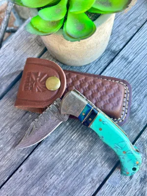 Damascus Steel Pocket Knife Limited Run Turquoise Resin